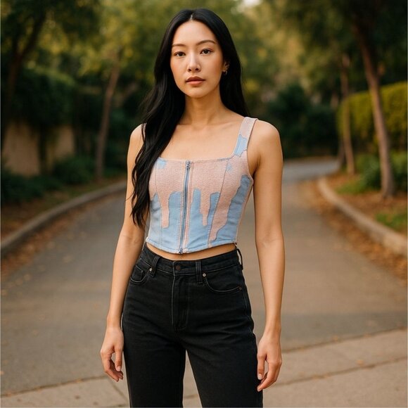 Sugar Thrillz Sequin Bustier Denim Crop Top w/ Zipper Front & Pink Sparkle – S - Picture 1 of 7
